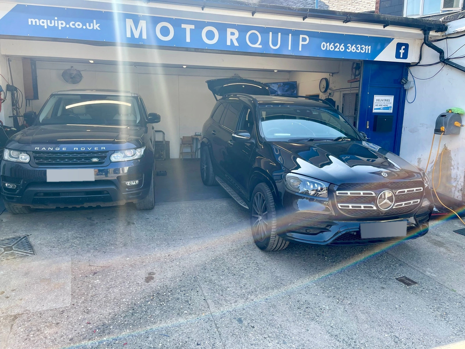 Range Rover Sport and Mercedes GLS at the Motorquip workshop for towbar fitting